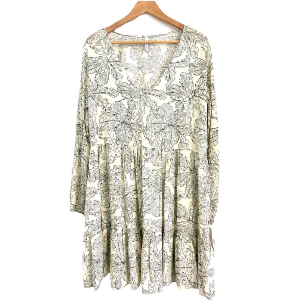 Arkitect XL Botanical Leaf Print Dress Cream and Black Flowy Light Boho NWT